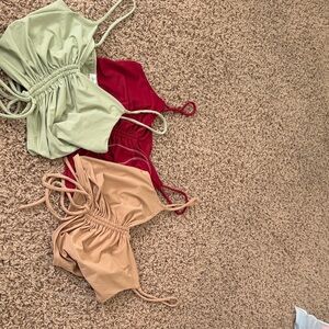 Active USA Strappy Ruched Camisoles in Sage, Red, and Tan
